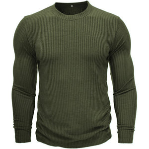 Pull militaire coloris vert en maille côtelée à col rond, vu de face