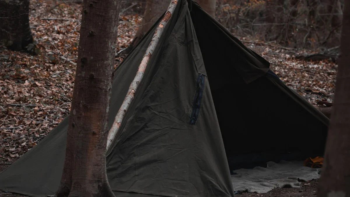 Abri de toile olive monte sur perche en foret