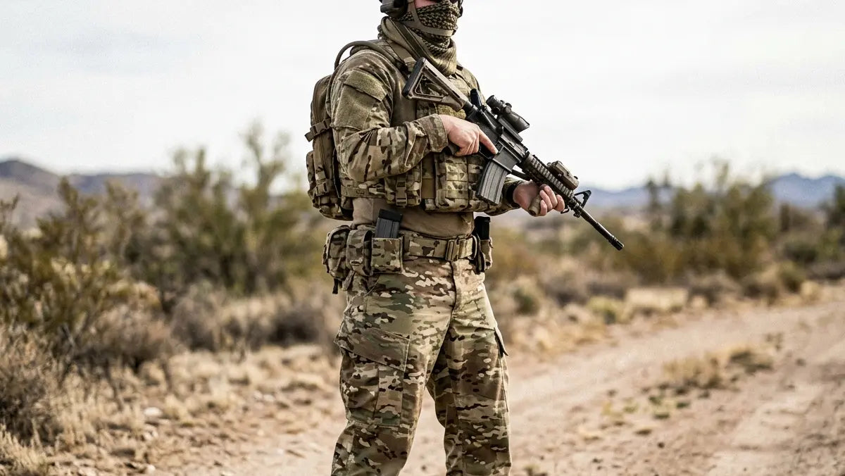 Opérateur en treillis militaire complet en environnement semi-aride, illustrant les trois piliers d'une tenue tactique