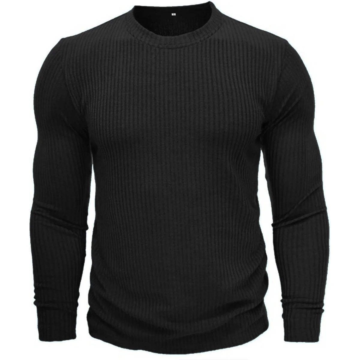Pull militaire noir en maille côtelée à col rond, vu de face
