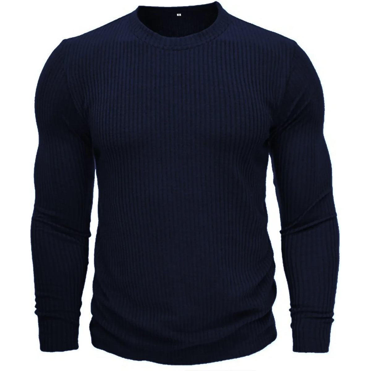 Pull militaire coloris bleu marine en maille côtelée, vu de face