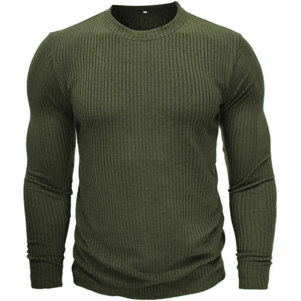 Pull militaire coloris vert en maille côtelée à col rond, vu de face
