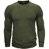 Pull militaire coloris vert en maille côtelée à col rond, vu de face
