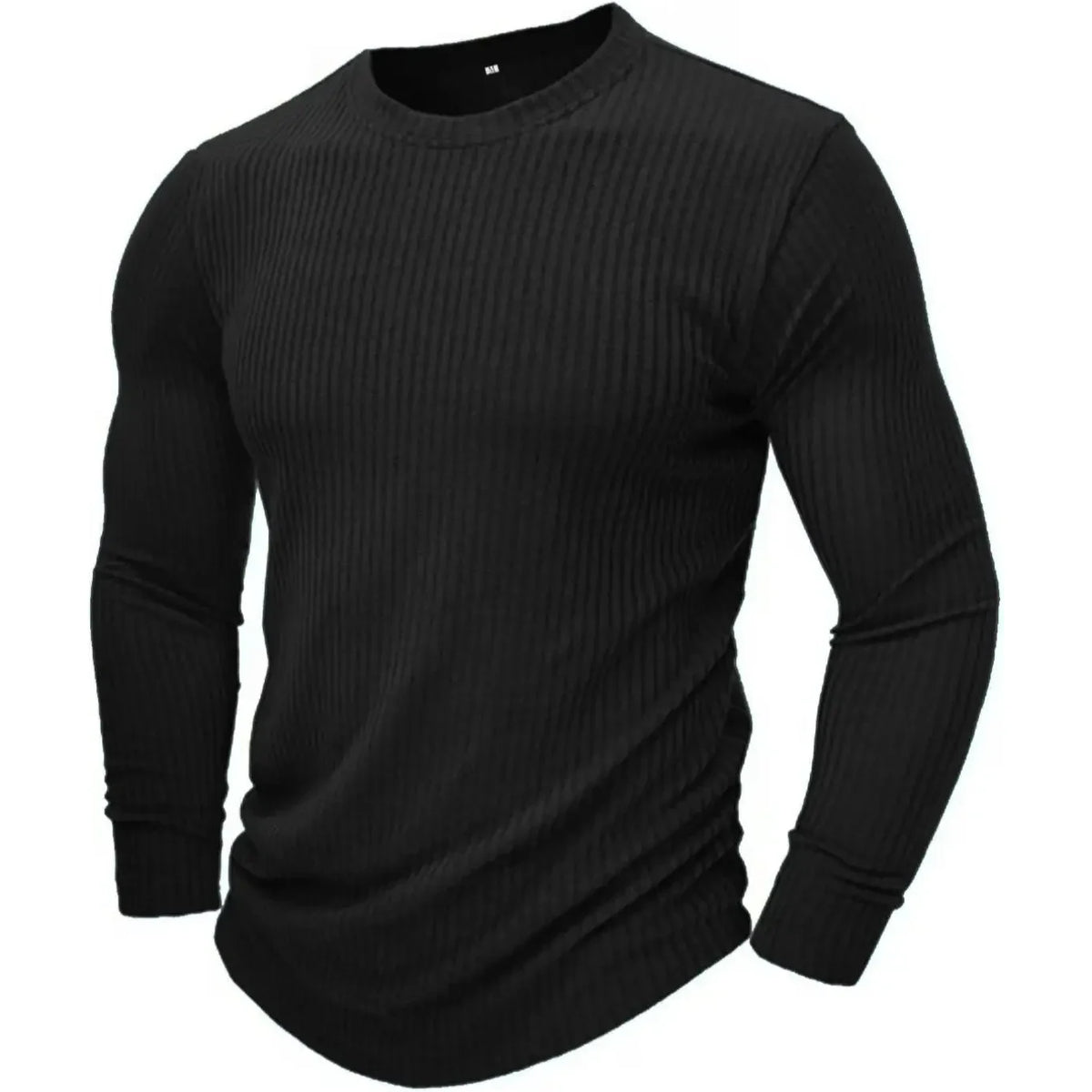 Pull militaire noir vu de trois quarts, manches longues et bas en bord-côte